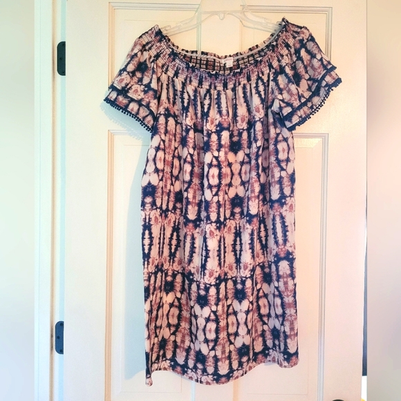 Xhilaration Off Shoulder Tie Dye Dress Women's Size L Tan Blue - Picture 1 of 6